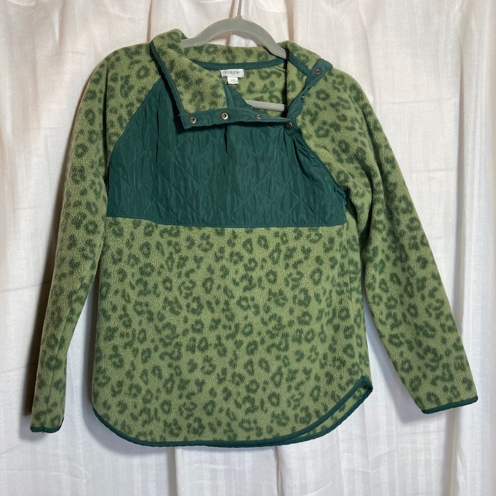 J. Crew Leopard Print Fleece Pullover Snap Neck Quilted Green XS Gorpcore Nature